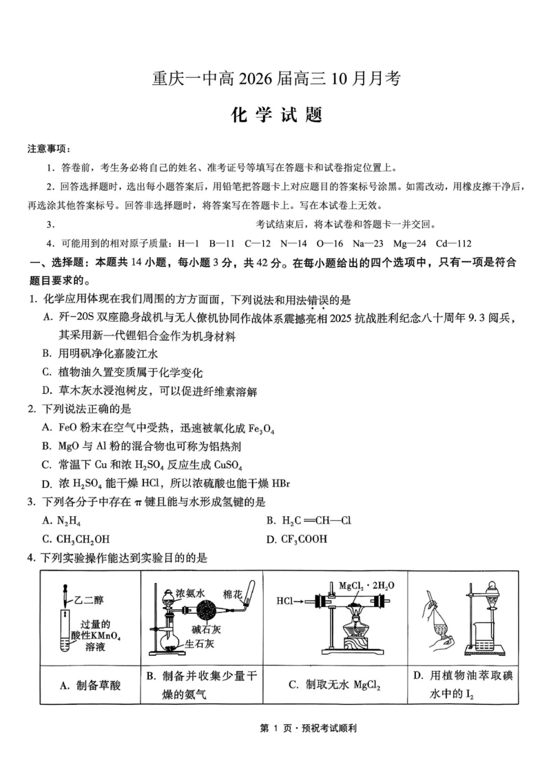 26一中10月化学试卷_251104重庆市第一中学校2025-2026学年高三上学期10月月考（全科）