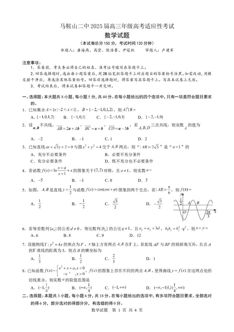 =数学试题_2025年6月_250602安徽省马鞍山二中2025届高三年级高考适应性考试（全科）_卷word