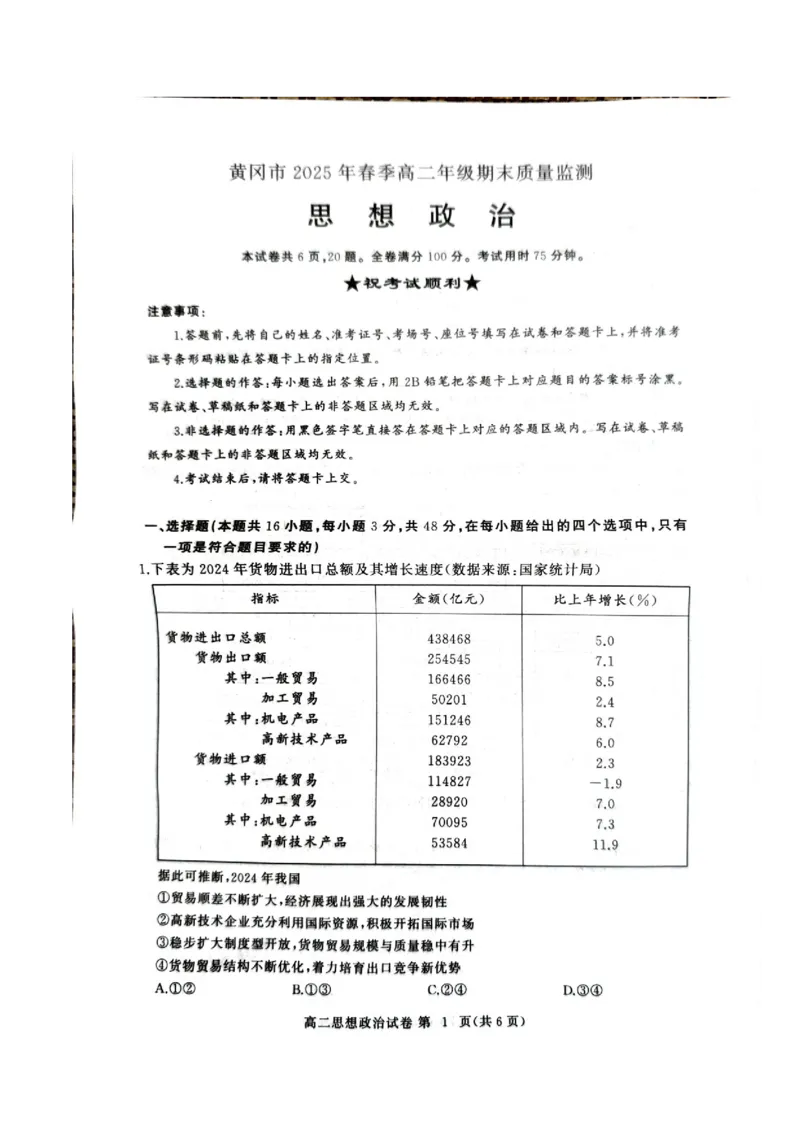 湖北省黄冈市2024-2025学年高二下学期期末质量监测政治试卷（含答案）_2025年7月_250704湖北省黄冈市2024-2025学年高二下学期期末质量监测（全科）