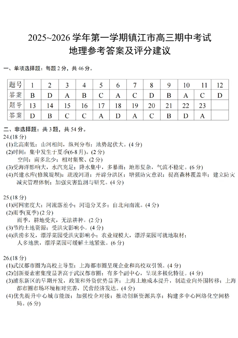 地理卷+标答镇江高三期中2512_2025年12月_251204江苏省镇江市2025-2026学年高三上学期期中质量监测（全科）