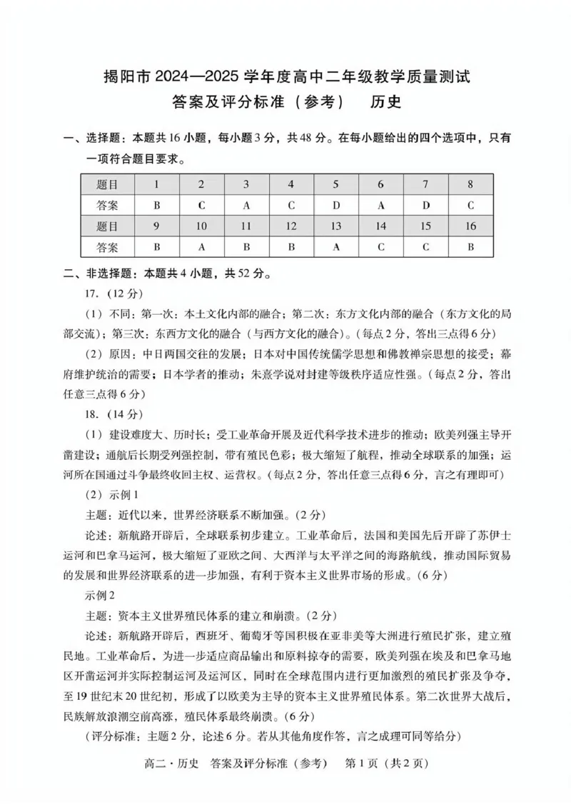 广东省揭阳市2024-2025学年高二下学期期末教学质量测试历史试卷（含答案）_2025年7月_250711广东省揭阳市2024-2025学年高二下学期期末教学质量测试（全科）