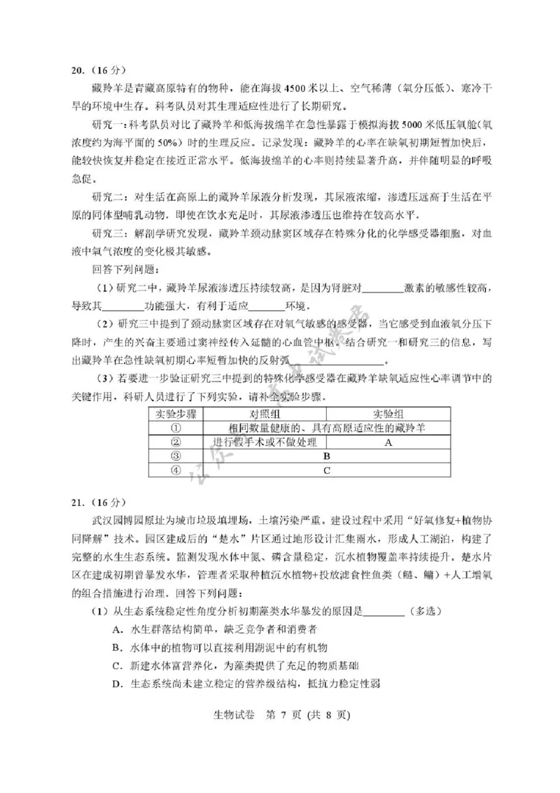 湖北省武汉市硚口区2025-2026学年高三上学期7月起点质量检测生物试卷（含答案）_2025年7月_250728湖北省武汉市硚口区2025-2026学年高三上学期7月起点质量检测（全科）