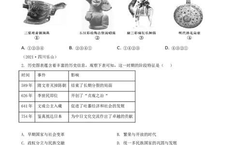 精品解析：2021年四川省乐山市中考历史试题（原卷版）_中考真题_6.历史中考真题2015-2024年_地区卷_乐山历史（17-21）