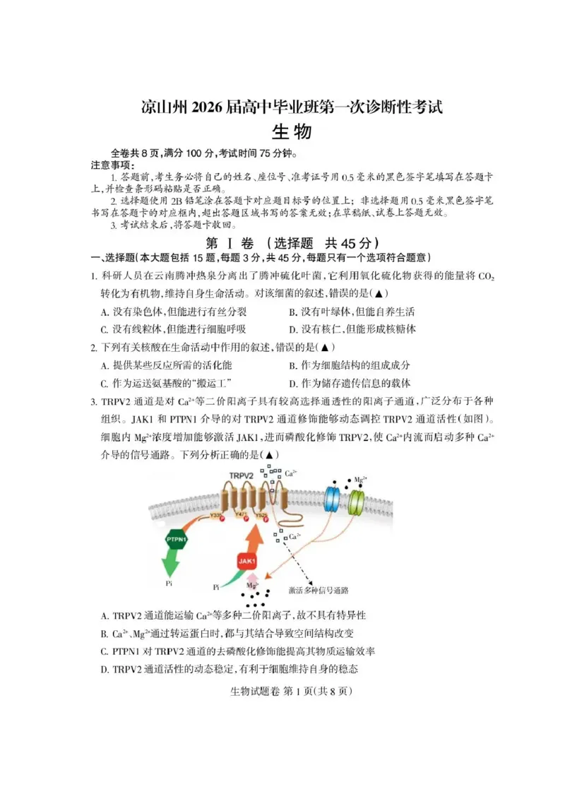 四川省凉山州2026届高中毕业班第一次诊断性考试生物_2025年12月_251220四川省凉山州2026届高中毕业班第一次诊断性考试（凉山州一诊）（全科）