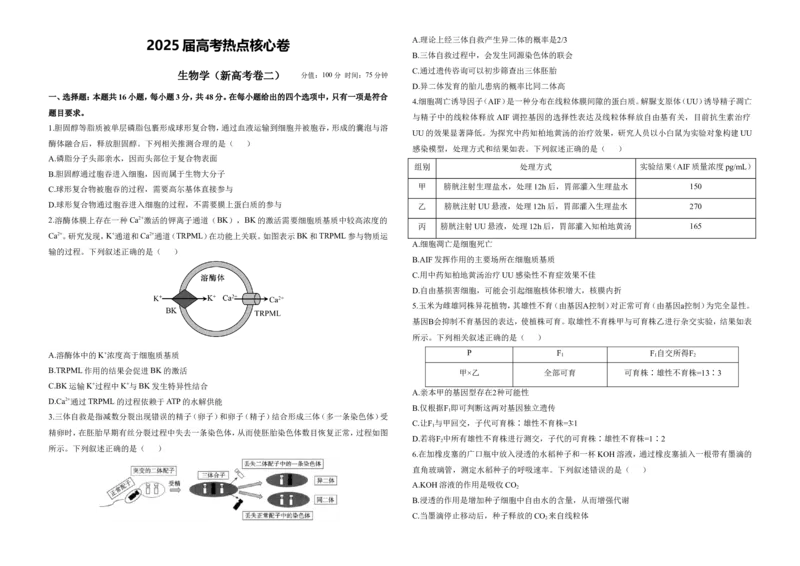 2025届高考生物学热点核心卷新高考卷二_2025年6月_2506022025届高考生物学热点核心卷新高考卷_2025届高考生物学热点核心卷新高考卷二（含解析）