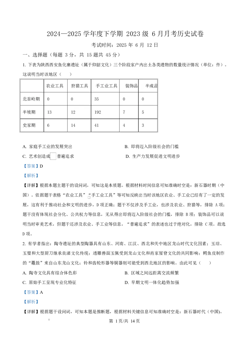 湖北省沙市中学2024-2025学年高二下学期6月月考历史试题（解析版）_2025年6月_250620湖北省荆州市沙市中学2024-2025学年高二下学期6月月考（全科）