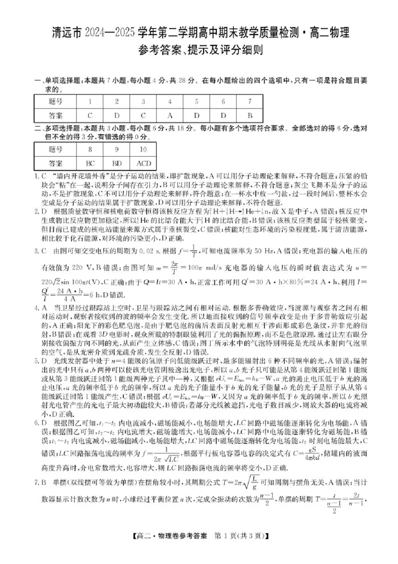 广东省清远市2024-2025学年高二下学期期末物理试题+答案_2025年6月_250629广东省清远市2024-2025学年高二下学期6月期末考试（全科）