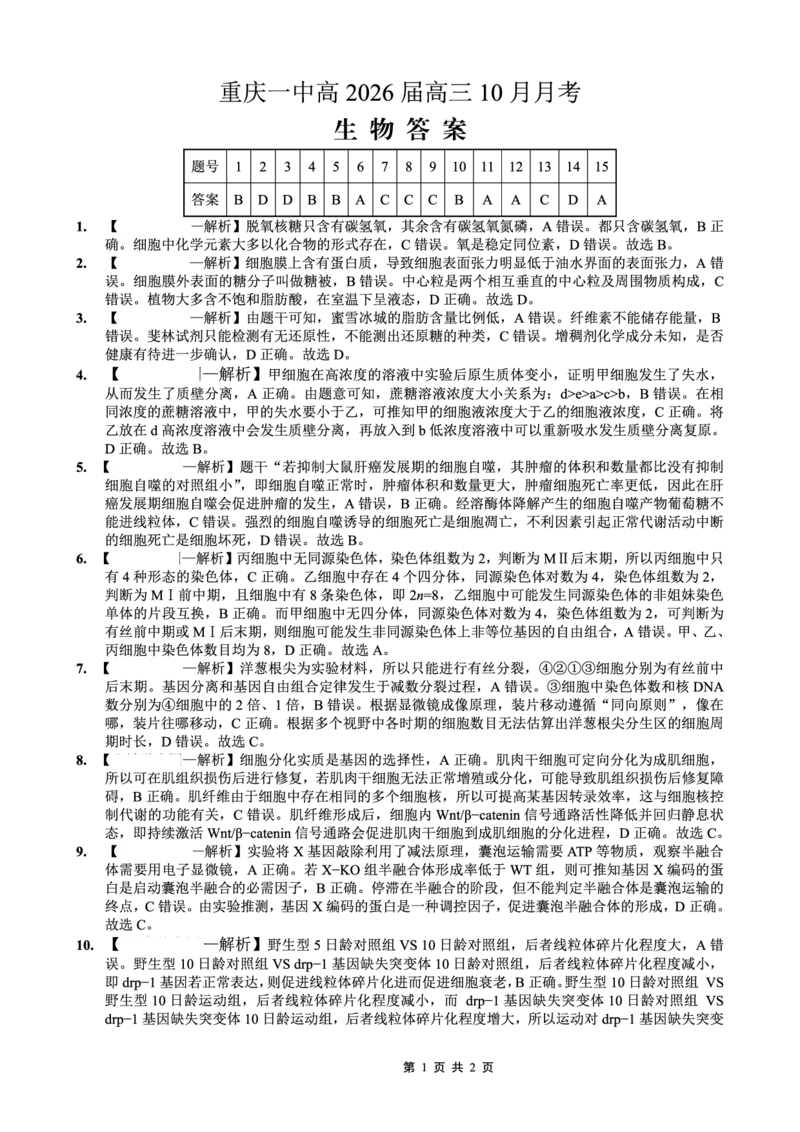 26一中10月生物答案_251104重庆市第一中学校2025-2026学年高三上学期10月月考（全科）
