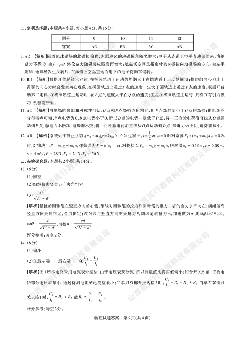 2023-2024学年高三年级一轮复习终期考试答案与详解物理_2024届山西省高三年级一轮复习终期考试_山西省2024届高三年级一轮复习终期考试物理