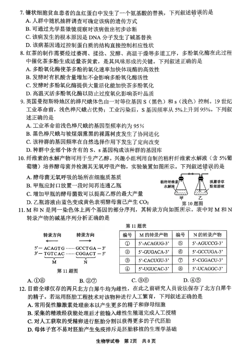 宁波高三一模生物试卷_251107浙江省宁波市2026届高三一模考试（全科）_浙江省宁波市2026届高三一模考试生物试卷（含答案）