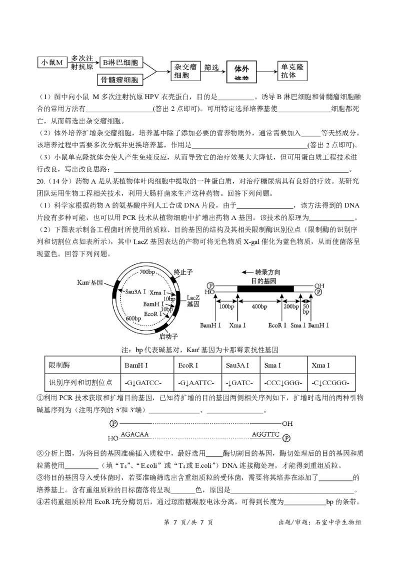 四川省成都市石室中学2024-2025学年高二下学期2026届零诊模拟考试生物试题（含答案）_2025年6月_250627四川省成都石室中学2024-2025学年高三下学期零诊模拟考试