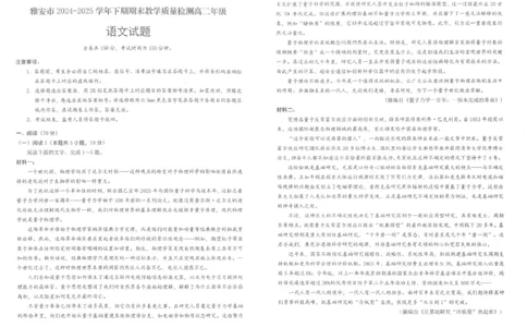 2024-2025学年高2023级期末考试试卷-语文_2025年7月_250711四川省雅安市2024-2025学年高二下学期期末考试_四川省雅安市2024-2025学年高二下学期期末检测语文试题