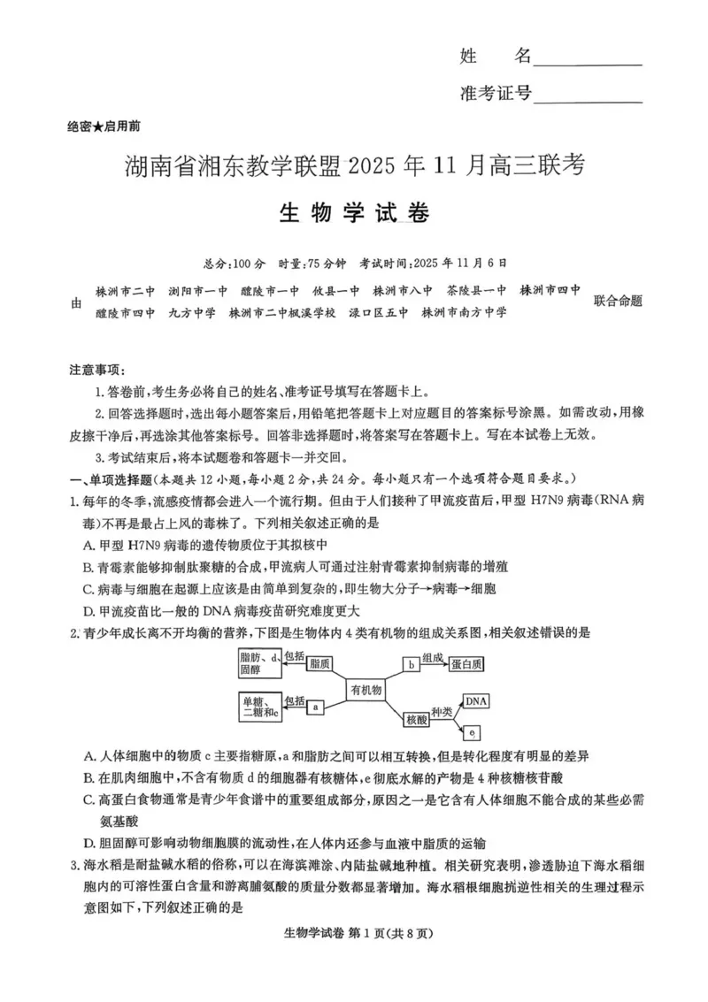 湖南省湘东教学联盟2026届高三上学期11月联考生物试题（含答案）_251106湖南省湘东教学联盟2026届高三上学期11月联考