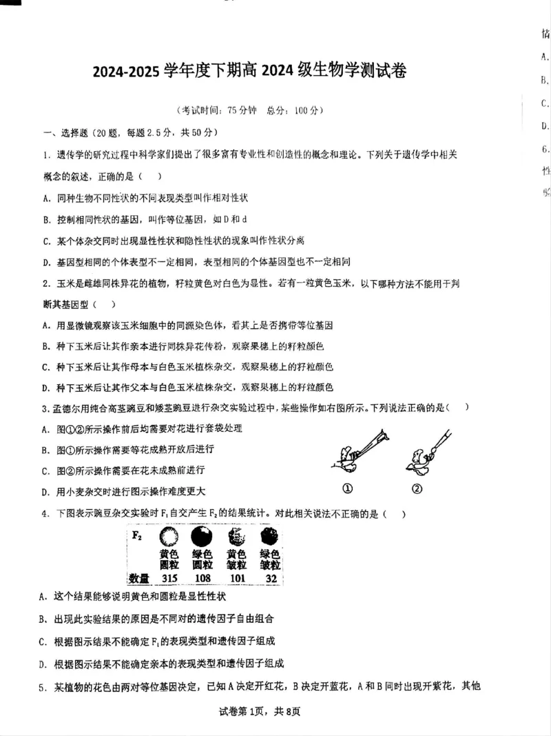 四川省成都市第七中学2024-2025学年高一下学期6月月考生物_2025年6月_250616四川省成都市第七中学2024-2025学年高一下学期6月月考（全科）(1)