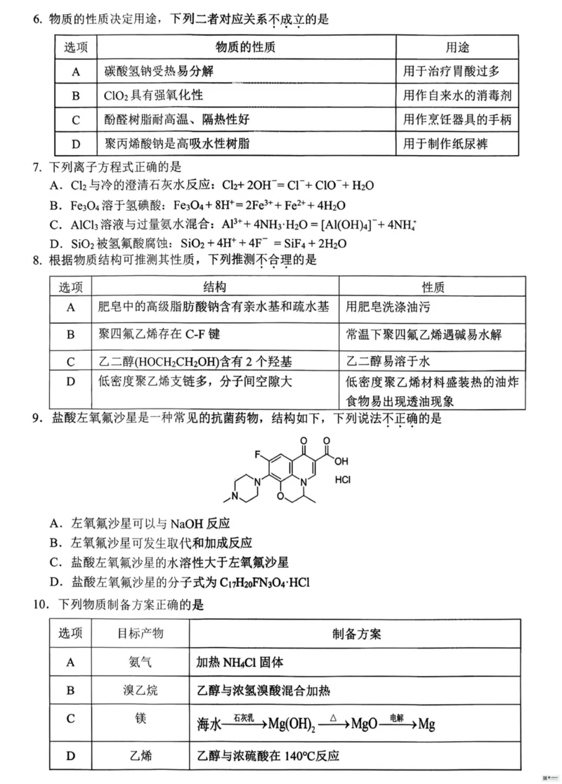 化学_251105浙江省杭州市2025-2026学年高三上学期教学质量检测（全科）_浙江省杭州市2025-2026学年高三上学期教学质量检测化学试题（含答案）