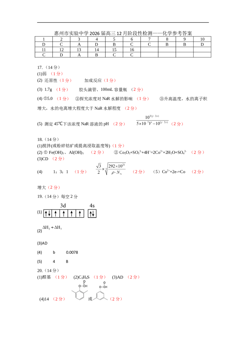 惠州市实验中学2026届高三12月阶段性检测&mdash;&mdash;化学参考答案_2025年12月_251207广东省惠州市实验中学2025-2026学年高三上学期12月阶段性检测（全科）