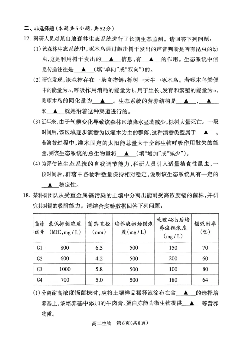 山西省吕梁市2024-2025学年高二下学期期末调研测试生物试题_2025年7月_250707山西省吕梁市2024-2025学年高二下学期期末调研测试（全科）