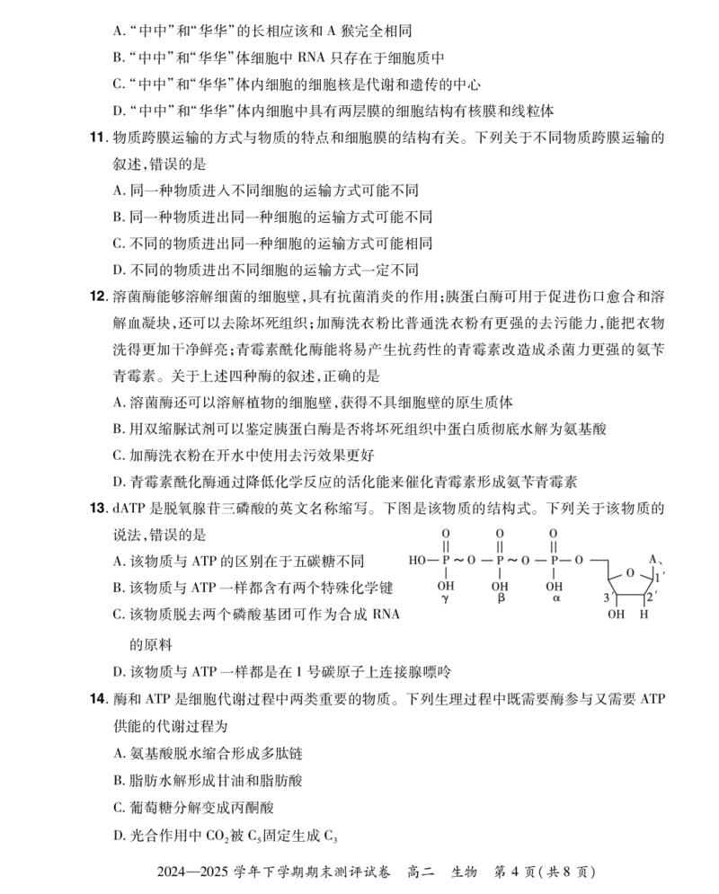 河南省郑州市中牟县部分学校2024-2025学年高二下学期6月期末生物试题_2025年6月_250623河南省2024-2025年6月高二期末测评（全科）_河南省2024-2025学年高二下学期期末测评生物试题