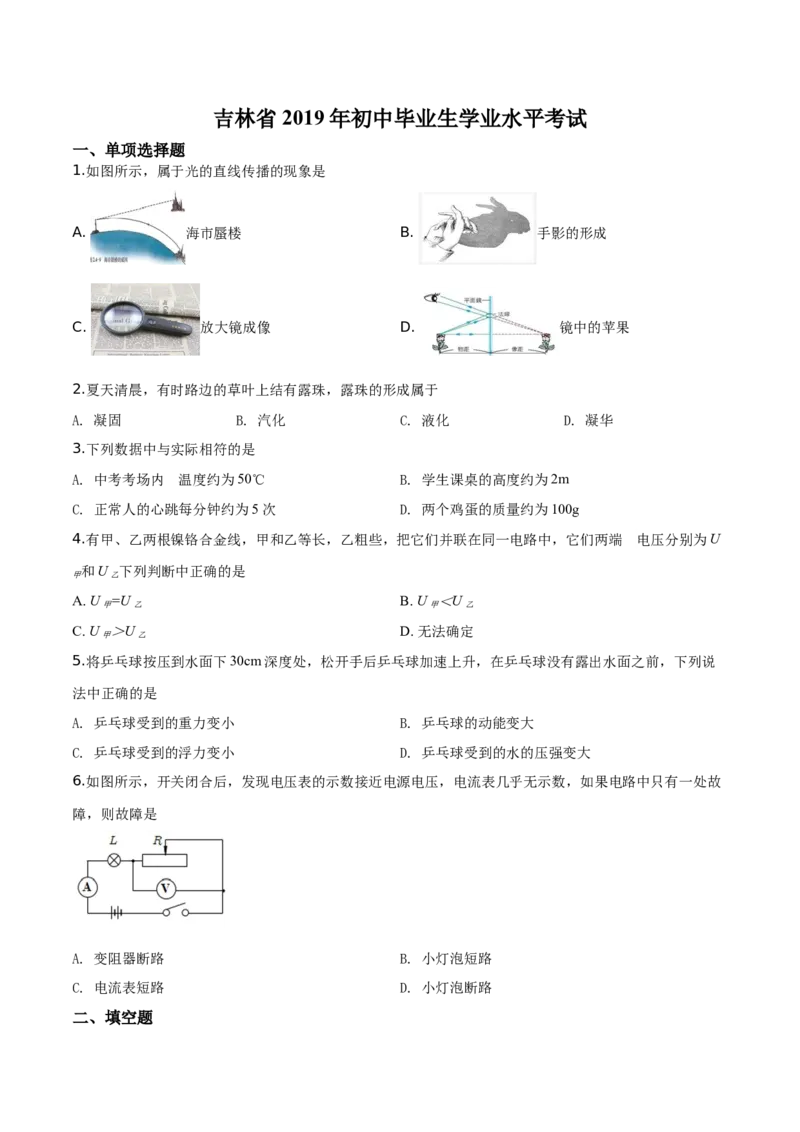 精品解析：2019年吉林省中考物理试题（原卷版）_中考真题_4.物理中考真题2015-2024年_2019年中考物理真题175份_2019年中考真题精品解析物理（吉林省）精编word版