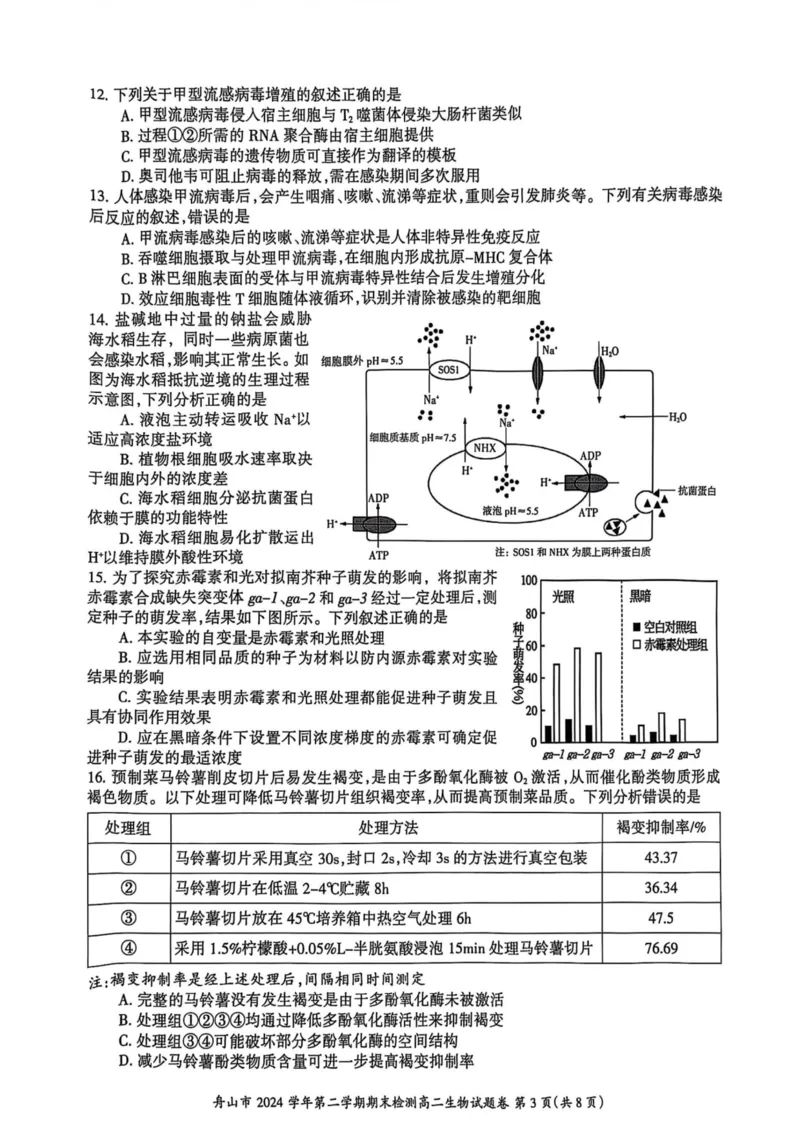 浙江省舟山市2024-2025学年高二下学期6月期末生物_2025年6月_250630浙江省舟山市2024-2025学年高二下学期6月期末考试（全科）_浙江省舟山市2024-2025学年高二下学期6月期末生物