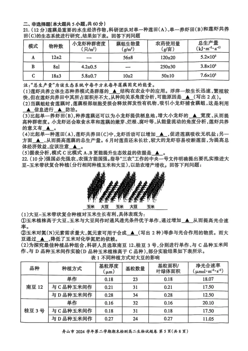 浙江省舟山市2024-2025学年高二下学期6月期末生物_2025年6月_250630浙江省舟山市2024-2025学年高二下学期6月期末考试（全科）_浙江省舟山市2024-2025学年高二下学期6月期末生物