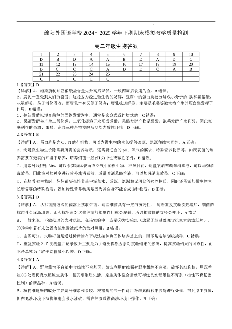 四川省绵阳外国语学校2024-2025学年高二下学期期末模拟考试生物试题_2025年6月_250630四川省绵阳外国语学校2024-2025学年高二下学期期末模拟考试试题