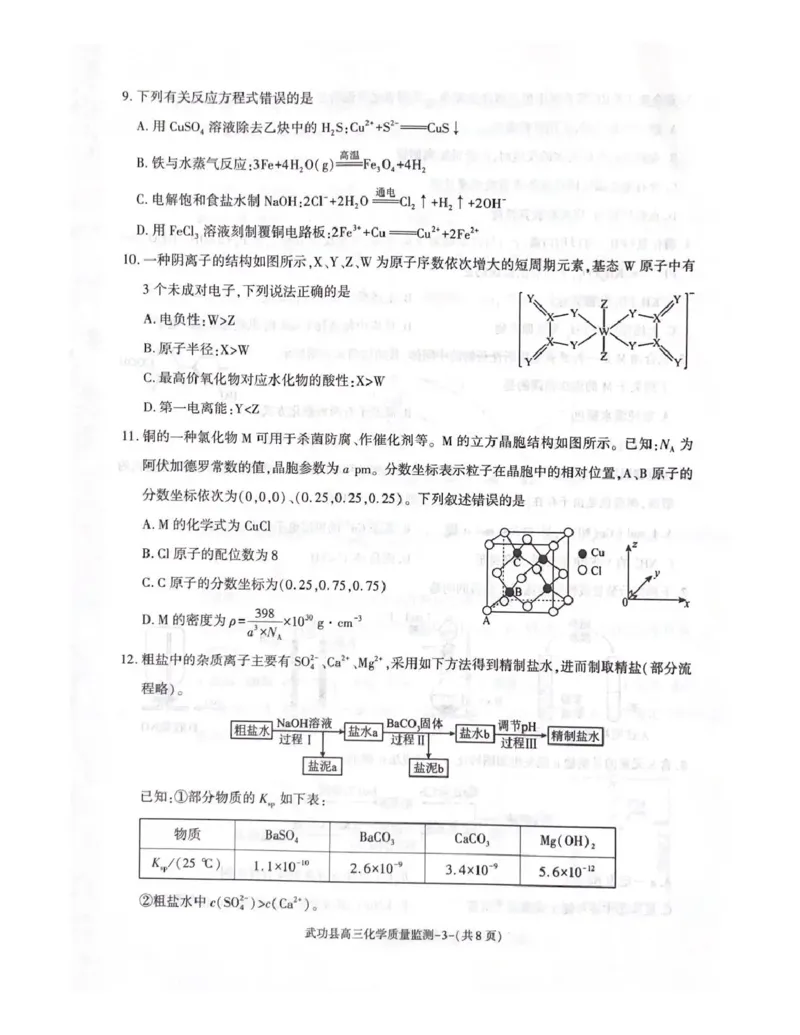 武功县2026届11月高三质量监测化学_251113陕西省咸阳市武功县2026届11月高三质量监测（全科）