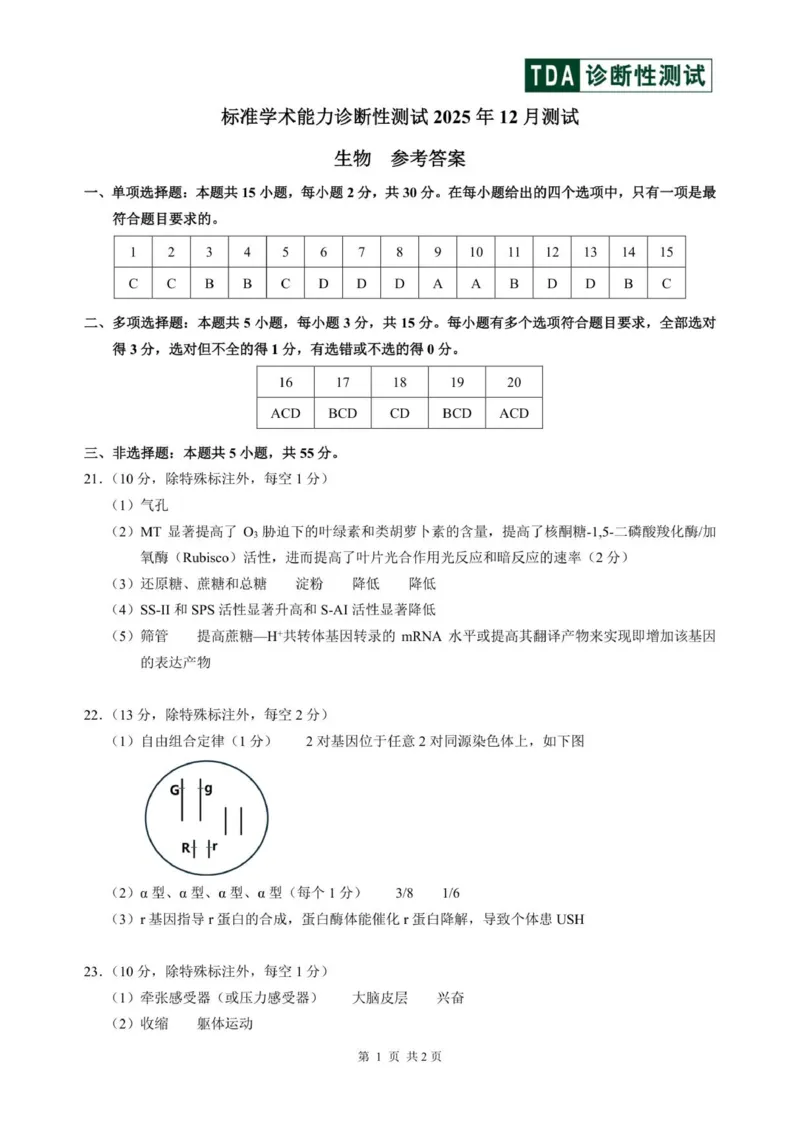 2025年12月诊断性测试生物答案_2025年12月_251229中学生标准学术能力（TDA）诊断性测试2025-2026学年高三上学期12月测试（全科）