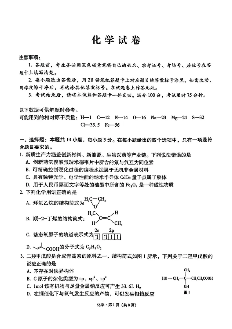 云师大附中2026届高三高考适应性月考（一）-化学试卷（含答案）_2025年6月_250618云南省云南师大附中2026届高考适应性月考卷（一）（全科）