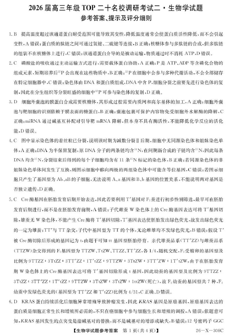 河南省2026届高三年级TOP二十名校调研考试二（26-X-308C）生物答案_2025年12月_251224河南省2026届高三年级TOP二十名校调研考试二（26-X-308C）（全科）
