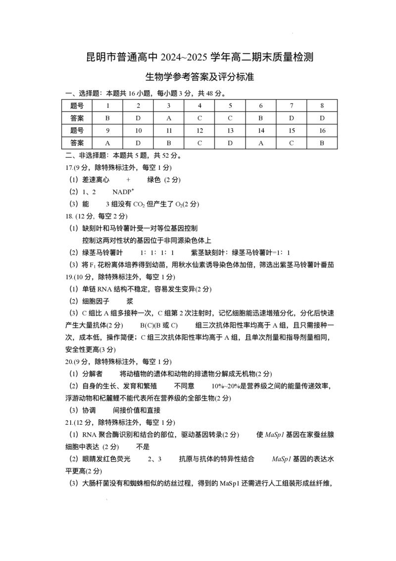 云南省昆明2024-2025学年高二下学期期末质量监测生物试卷（含答案）_2025年7月_250705云南省昆明2024-2025学年高二下学期期末质量监测（全科）