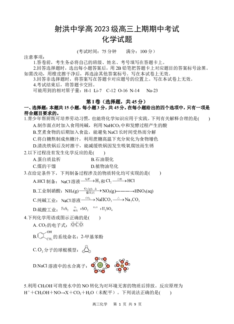 化学试题_251101四川省遂宁市射洪中学2026届高三上学期期中考试_四川省遂宁市射洪中学2026届高三上学期期中考试化学Word版含答案