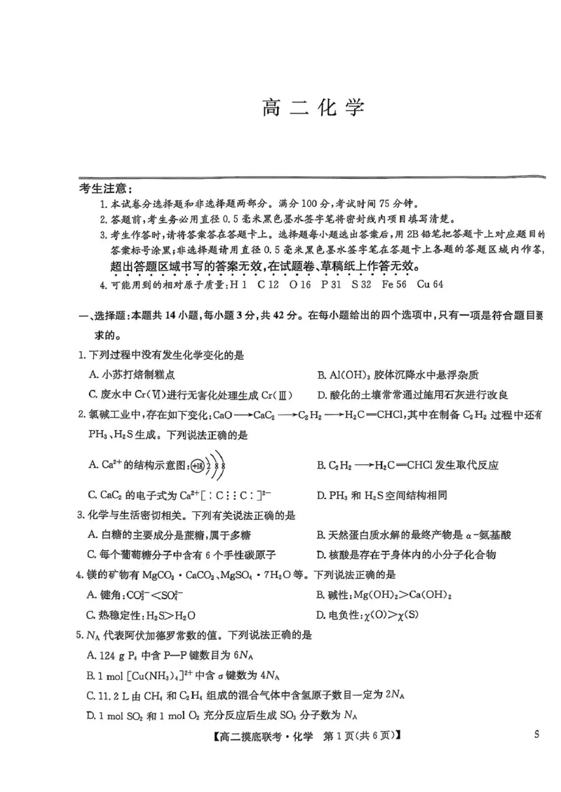 九师联盟2024-2025学年高二下学期6月摸底联考化学试题（图片版，无答案）_2025年6月_250613九师联盟2024-2025学年高二下学期6月摸底联考（全科）(1)