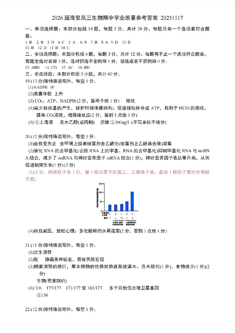 江苏省南通市海安市2026届高三年级上学期期中学业质量监测生物试卷（含答案）_251123江苏省南通市海安市2026届高三年级上学期期中学业质量监测（全科）
