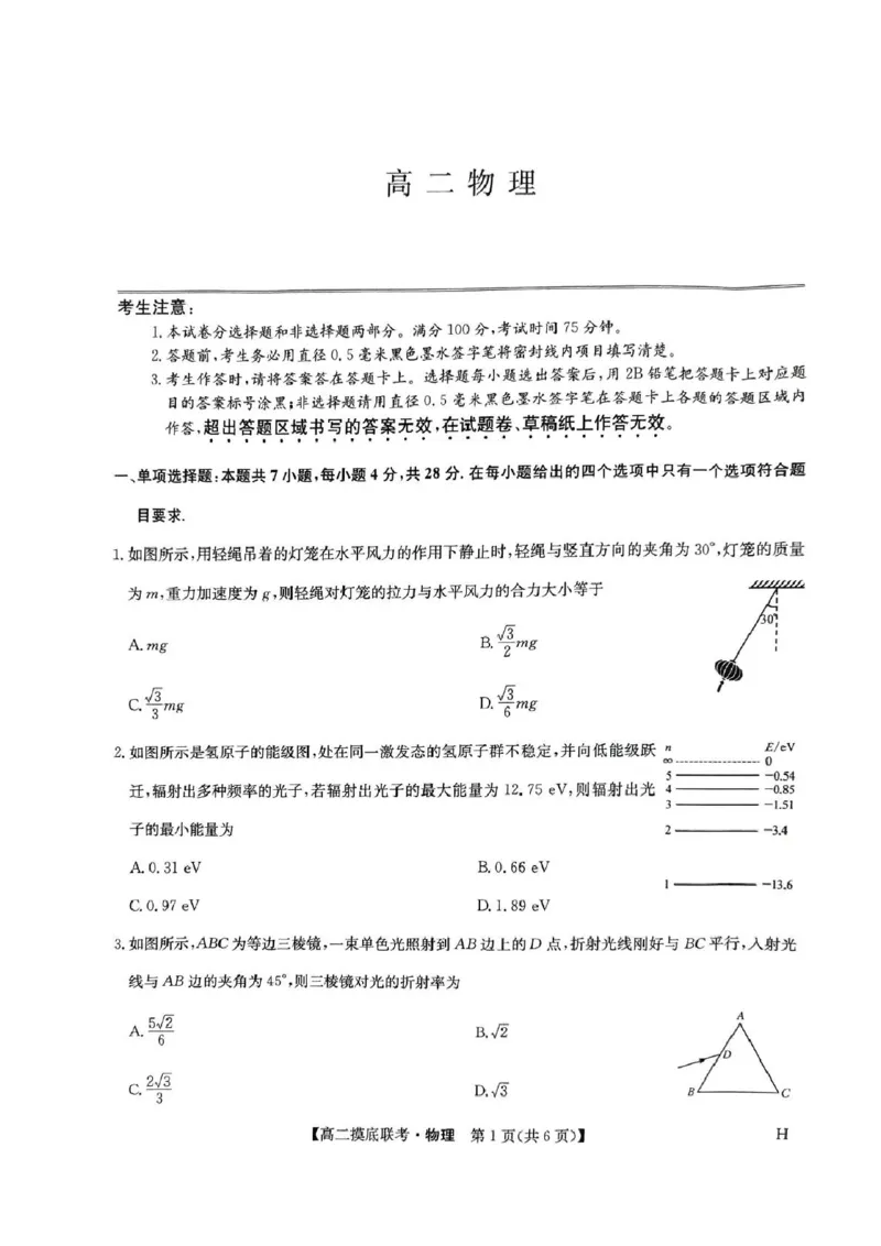 九师联盟2024-2025学年高二下学期6月摸底联考物理试题（含答案）_2025年6月_250613九师联盟2024-2025学年高二下学期6月摸底联考（全科）(1)