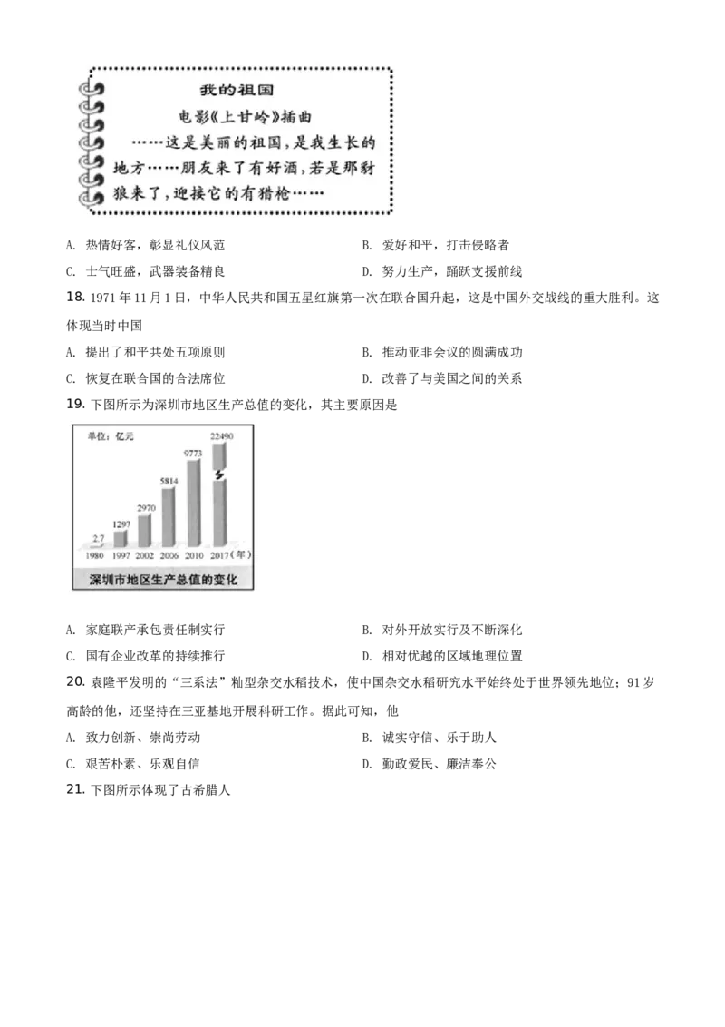 精品解析：2021年福建省中考历史试题（原卷版）_中考真题_6.历史中考真题2015-2024年_地区卷_福建省_福州中考历史17-21