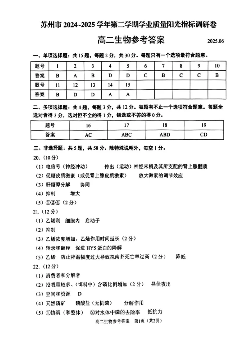 江苏省苏州市2024-2025学年高二下学期学业质量阳光指标调研生物试卷（含答案）_2025年6月_250626江苏省苏州市2024-2025学年高二下学期学业质量阳光指标调研（全科）