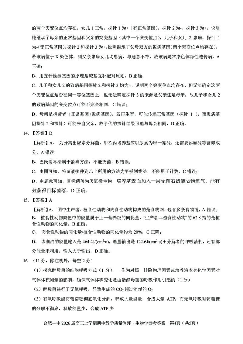 生物合肥一中2026届高三上学期期中教学质量检测_251115安徽省合肥一中2026届高三上学期期中教学质量检测（全科）