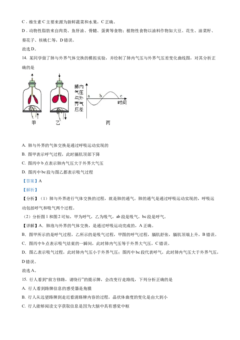 精品解析：2022年内蒙古赤峰市中考生物真题（解析版）_中考真题_8.生物中考真题2015-2024年_2022年全国中考生物114份14