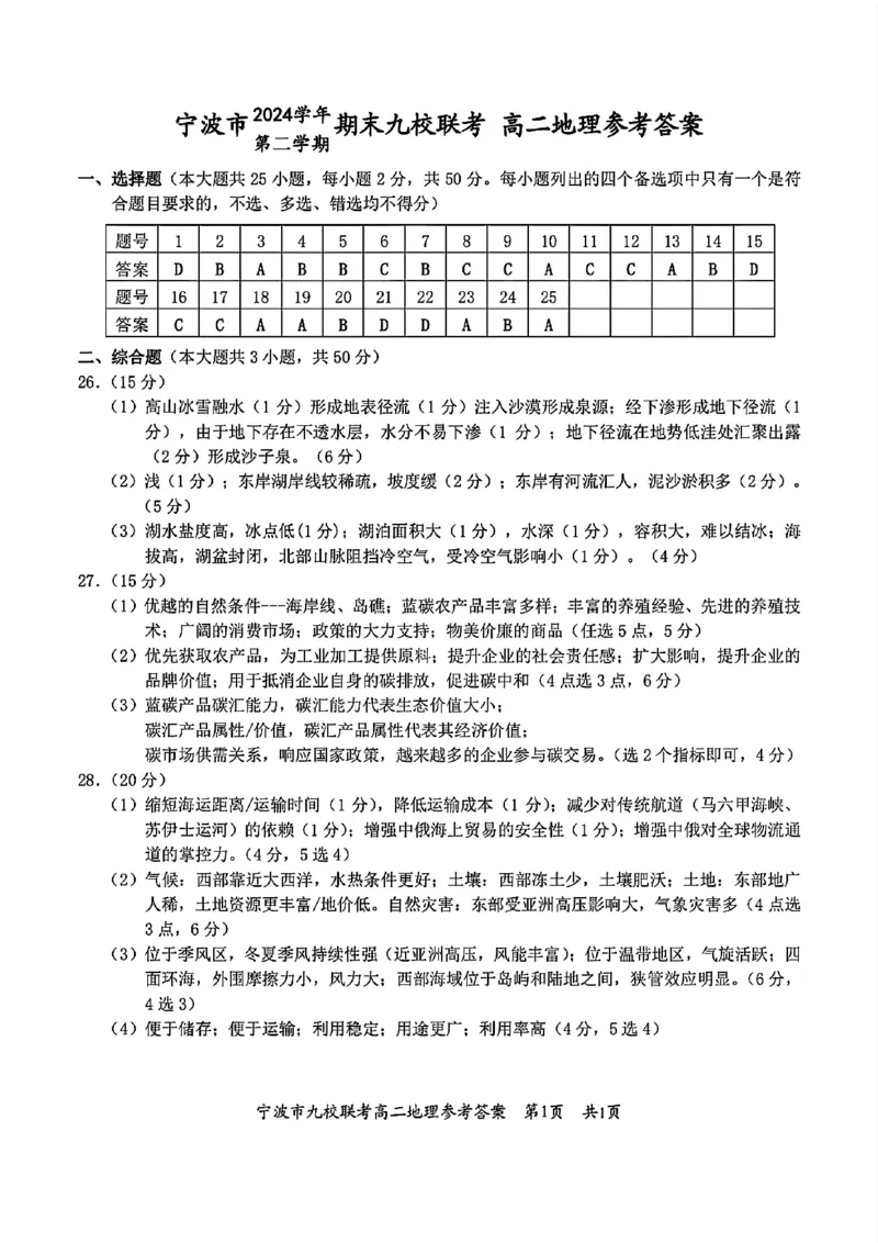 地理-浙江宁波市九校2025年高二下学期6月期末_2025年7月_250701浙江宁波市九校2025年高二下学期6月期末（全科）