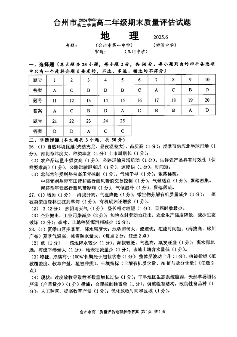 地理答案-2506台州高二期末_2025年6月_250628浙江台州市2024-2025学年高二下学期6月期末（全科）