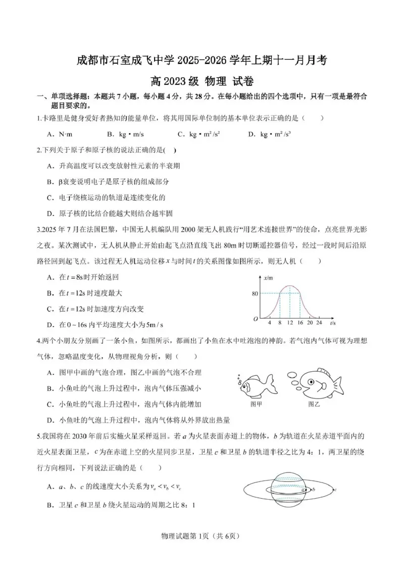 石室成飞中学2025-2026学年高三上学期11月月考物理_251120四川省成都市石室成飞中学2025-2026学年高三上学期11月月考（全科）