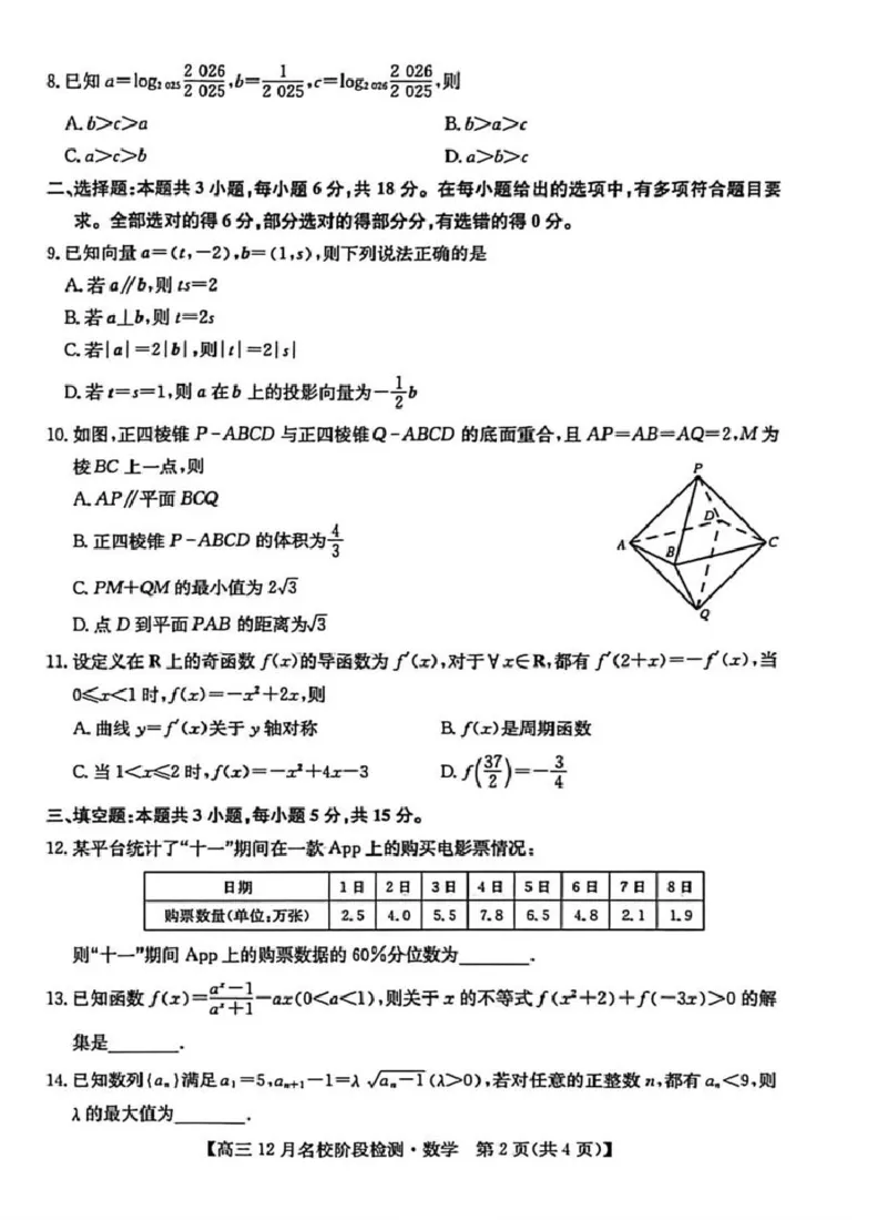 安徽耀正优2026届高三上学期12月联考数学试题_2025年12月_251219安徽省耀正优+2026届高三年级12月名校阶段检测联考（全科）_安徽省耀正优2026届高三上学期12月名校阶段检测数学