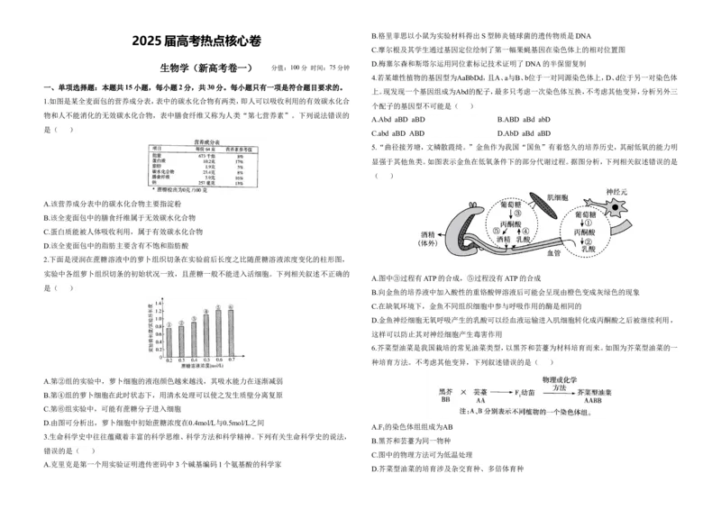2025届高考生物学热点核心卷新高考卷一_2025年6月_2506022025届高考生物学热点核心卷新高考卷_2025届高考生物学热点核心卷新高考卷一（含解析）