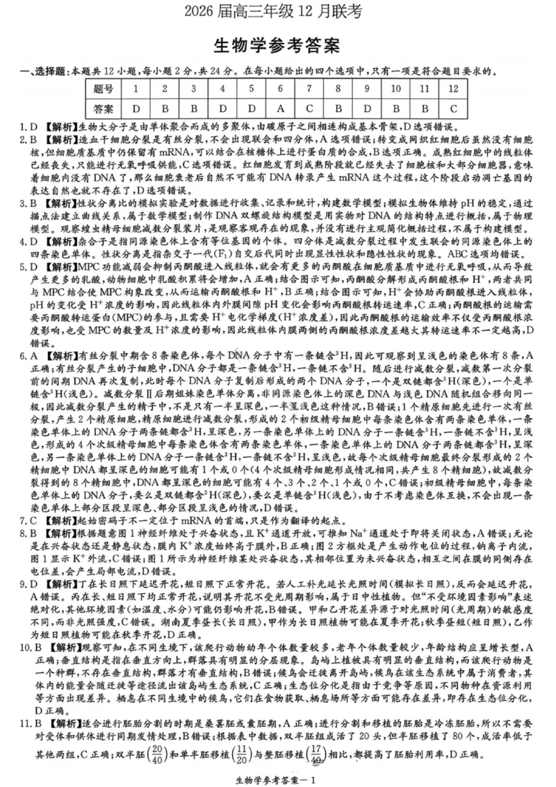 湖南省新高考教学教研联盟2026届高三年级12月联考（长郡二十校联盟）生物答案_2025年12月_251202湖南省新高考教学教研联盟2026届高三年级12月联考（长郡二十校联盟）（全科）