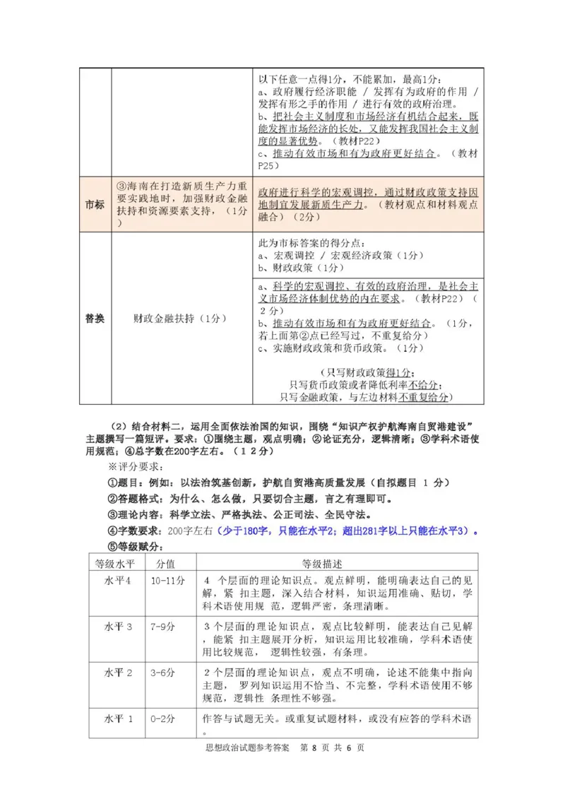 海南省海口市2024-2025学年高二下学期期末考试政治试题（含答案）2025.7高二期末试题最新参考答案_2025年7月_250729海南省海口市2024-2025学年高二下学期7月期末考试（全科）