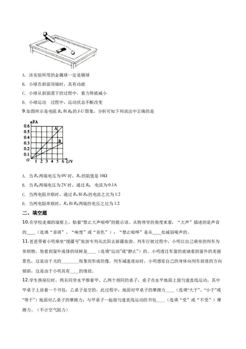 精品解析：2019年辽宁省沈阳市中考物理试题（原卷版）_中考真题_4.物理中考真题2015-2024年_2019年中考物理真题175份_2019年中考真题精品解析物理（辽宁沈阳市）精编word版
