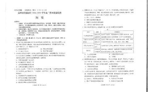 云南省昆明2024-2025学年高二下学期期末质量监测历史试卷（含答案）_2025年7月_250705云南省昆明2024-2025学年高二下学期期末质量监测（全科）