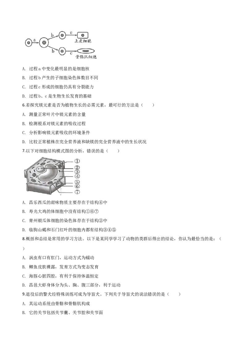 精品解析：2019年山东省潍坊市中考生物试题（原卷版）_中考真题_8.生物中考真题2015-2024年_2019年全国中考生物92份_精品解析：山东省潍坊市2019年中考生物试题
