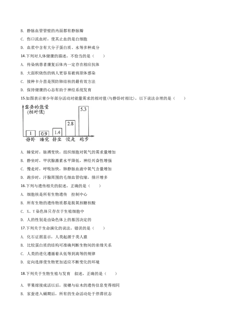 精品解析：2019年山东省潍坊市中考生物试题（原卷版）_中考真题_8.生物中考真题2015-2024年_2019年全国中考生物92份_精品解析：山东省潍坊市2019年中考生物试题